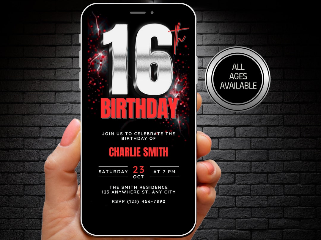 Boys 16th Birthday Invitation Silver Red 16 Year Old Birthday Video ...