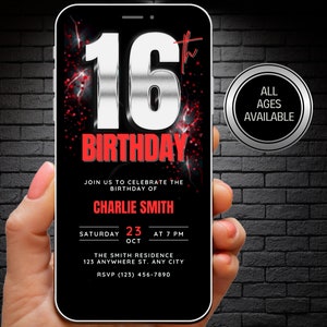 Invitation d'anniversaire de 16 ans rouge argenté pour garçons, invitation vidéo, modèle de toile en téléchargement numérique modifiable, fête du 16 anniversaire Evite