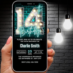 Digital 14th Birthday Invitation for Boys Girls, 14th Birthday Invite Editable Template, Teenager Invites Neon Green 14 year old Phone Evite