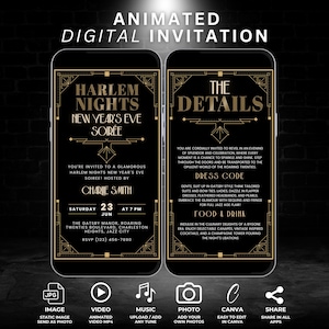 Digital Harlem Nights New Year&#39;s Eve Party Invitation, Animated Great Gatsby Party Invite, Art Deco Gold Black Theme, Roaring 20s Evite