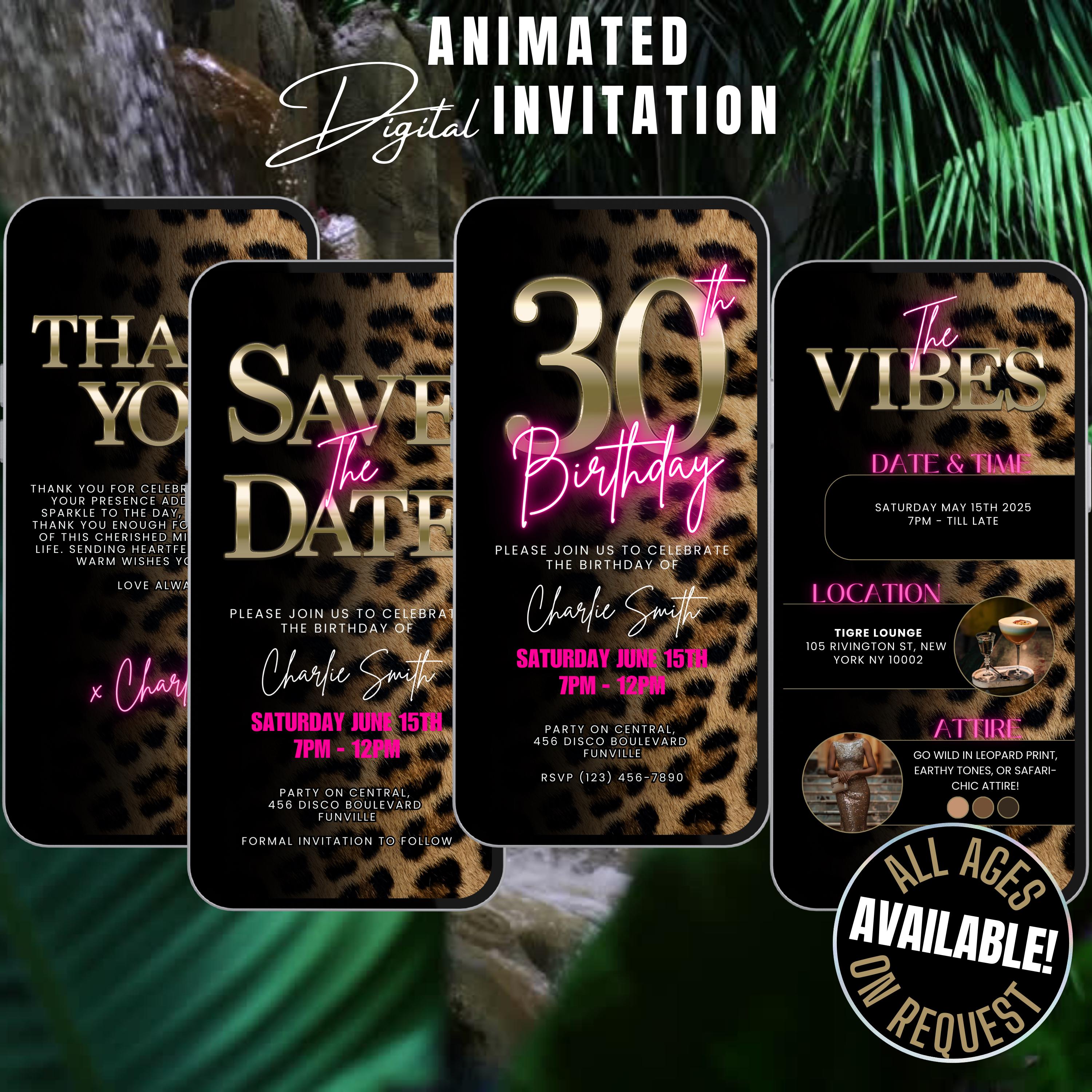 Digital 30th Cheetah Birthday Invitation Itinerary With Thank You