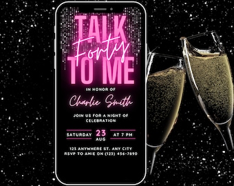 Digital Talk Forty To Me Invite, 40th Birthday Invitation for Her, Pink Glitz & Glam Elegant Bday e-Invite Flyer Template, Phone Invitation