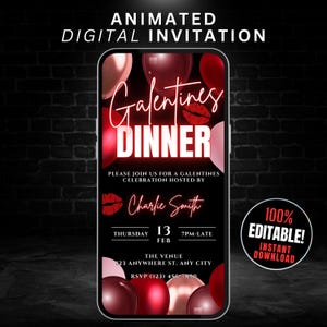 Digital Galentines Dinner Party Einladung Vorlage, Animiertes Happy Galentines Day Abendessen Einladen Video, Valentinstag Abendessen Telefon Flyer Evite