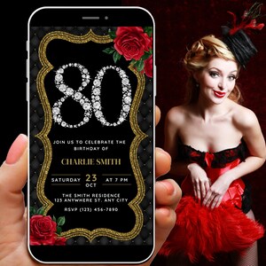 Womens 80th Birthday Invitation Template, Red & Gold 80th Digital Invite with a Festive Theme, Diamond 80 Phone Invitation for Women Evite
