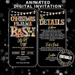 May include: A digital invitation for a Christmas pajama party. The invitation features a black background with a festive, colorful, and glittery design. The text on the invitation reads "Christmas Pajama Bash" and "Let's Get Cozy!" The invitation also includes details about the party, such as the date, time, and location. The invitation is decorated with snowflakes and lights.