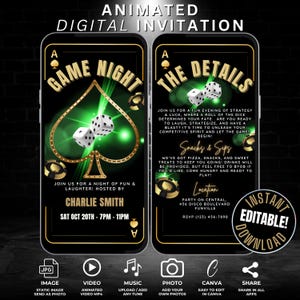 Invito video per serata di gioco digitale per adulti, invito animato per serata di gioco, serata asso di picche, serata casinò poker, modello modificabile verde