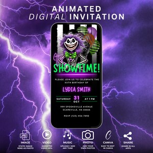 May include: Animated digital invitation for a 20th birthday party. The invitation features a cartoon character with a green bow tie and a purple and black striped suit. The text on the invitation reads "Showtime!" and includes the date, time, and location of the party.