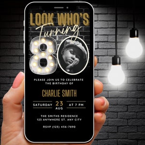 Männer 80. Geburtstag Einladung laden Sie Ihr eigenes Foto, 80er Digital Invite Flyer Canva Vorlage, 80 Party Evite, Bearbeitbare Mobile Einladung
