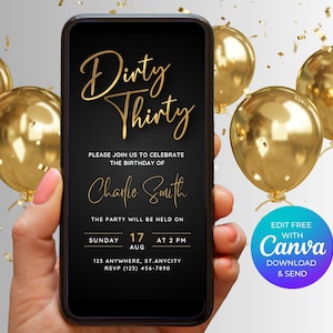 30. Digital Dirty Dreißig moderne minimalistische Geburtstagsfeier Einladung, einladen für Frauen, Dreißig Telefon Einladung Vorlage, bearbeitbar einladen