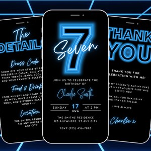 Animated 7th Birthday Invitation Template for Boys, 7th Birthday Party Invite Neon, Digital Seventh Party Evite, Itinerary & Thank You eCard