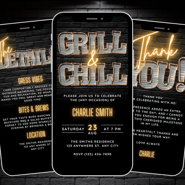 Digital Grill & Chill Backyard BBQ Party Invitation Template, Birthday BBQ Phone Invite, Animated Summer Cookout Evite, Details, Thank You