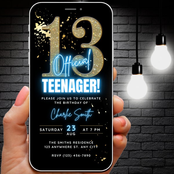 Animated Official Teenager Invite, 13th Birthday Invitation for Girls Boy Video Invite Digital 13th Bday Party Template, Blue Thirteen Evite