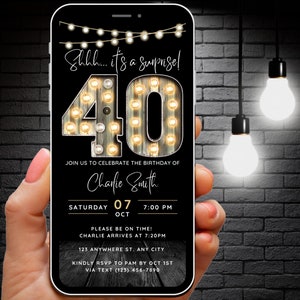 40th Surprise Birthday Invitation for Men Shhh its a Surprise 40th Birthday Invite for him, 40 Party Invitation Digital Animated Video Evite