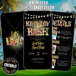 Könnte beinhalten: Animierte digitale Einladung für eine Geburtstagsparty. Das Design hat einen schwarzen Hintergrund mit Text in einer leuchtenden Schriftart im Stil eines Laufstegs. Details umfassen Datum, Uhrzeit, Ort und RSVP-Informationen. Die Einladung enthält auch den Text "Let's Party".