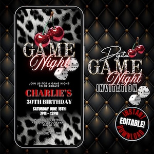 Cheetah Cherry & Dice Birthday Game Night Invitation Template, Animated Red Game Night Evite, Jungle Luxe Leopard Print Birthday Party Flyer