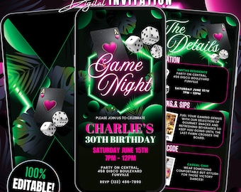 Digital Birthday Game Night Invitation Template Animated Neon Green Glam Adult Game Night Invite, Game Night Flyer Editable Card Party Evite