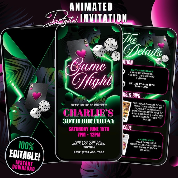 Digital Birthday Game Night Invitation Template Animated Neon Green Glam Adult Game Night Invite, Game Night Flyer Editable Card Party Evite