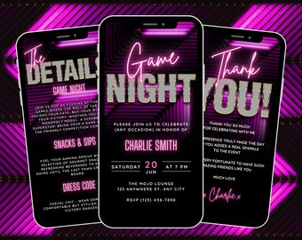 Animated Game Night Invitation for Adults, Family Game Night, Poker Party Invite, Birthday Game Night Pink, Editable Template Poker Evite