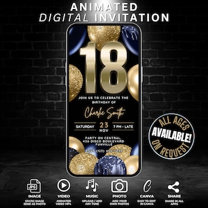 Animated 18th Birthday Party Invitation Digital Template, Boys Navy Blue & Gold Balloon 18th Bday Bash Invite, Editable Eighteenth Video
