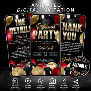 Modèle numérique d'invitation vidéo de fête de retraite, invitation à une fête d'adieu rouge et or, evite de célébration surprise, détails et carte de remerciement