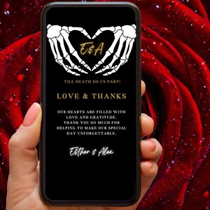 Einzigartige Hochzeit Dankeskarte Vorlage, Digitale Dankeskarte, Bis der Tod uns scheidet Gothic Themed Karte, Herunterladbare Canva Vorlage