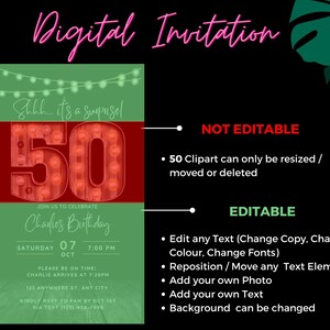 May include: Digital invitation with a black background. The design features the text "Digital Invitation" in pink script. The invitation includes the text "Shhh... it's a surprise!" and "50" in marquee-style lights. The invitation is for Charlie's Birthday.