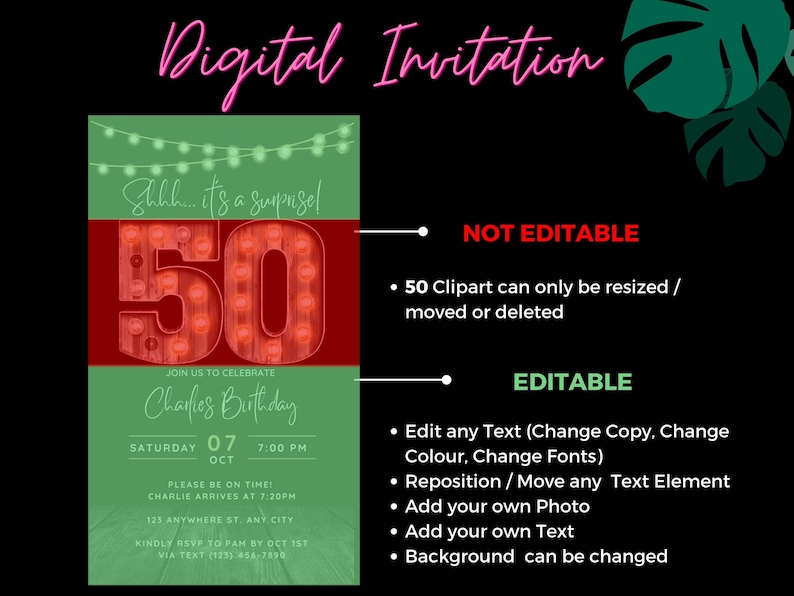 May include: Digital invitation with a black background. The design features the text "Digital Invitation" in pink script. The invitation includes the text "Shhh... it's a surprise!" and "50" in marquee-style lights. The invitation is for Charlie's Birthday.