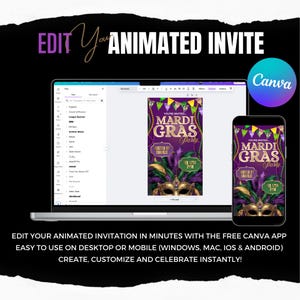 Peut inclure: Un ordinateur portable et un smartphone affichent une invitation &agrave; une f&ecirc;te de Mardi Gras. L'invitation pr&eacute;sente un code couleur violet, vert et or avec un graphisme de masque. Le texte sur l'invitation indique "Mardi Gras Party" et "Hosted by Charlie". Le logo Canva est visible.