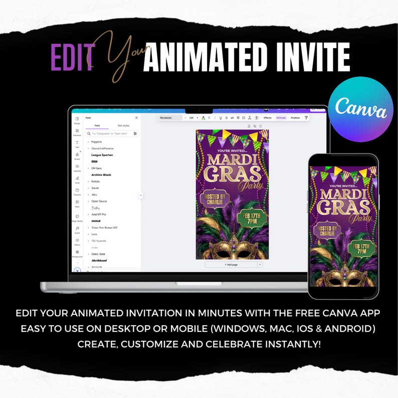 Peut inclure: Un ordinateur portable et un smartphone affichent une invitation &agrave; une f&ecirc;te de Mardi Gras. L'invitation pr&eacute;sente un code couleur violet, vert et or avec un graphisme de masque. Le texte sur l'invitation indique "Mardi Gras Party" et "Hosted by Charlie". Le logo Canva est visible.