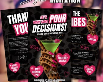 Leopard Theme Galentines Flyer Lets Make Some Pour Decisions Girls Night Cheetah Print Birthday Invitation Template with Vibes & Thank You