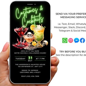May include: A digital invitation for a Halloween party with the text "Costumes & Cocktails". The invitation features a neon green text design and a black background with three cocktails. The invitation includes the date, time, and location of the party. The text "RSVP (123) 456-7890" is included at the bottom of the invitation.