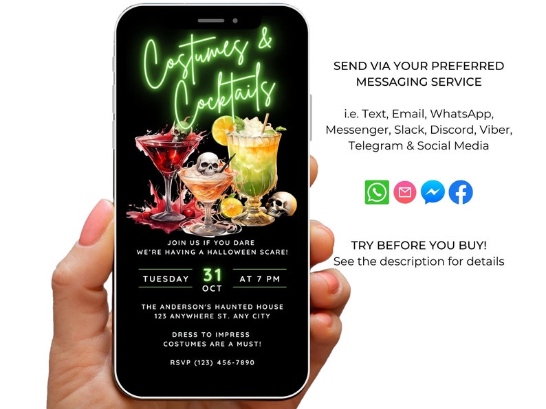 May include: A digital invitation for a Halloween party with the text "Costumes & Cocktails". The invitation features a neon green text design and a black background with three cocktails. The invitation includes the date, time, and location of the party. The text "RSVP (123) 456-7890" is included at the bottom of the invitation.