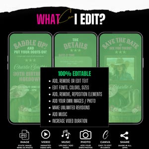 May include: A customisable digital invitation template for a 30th birthday party with a country western theme. The template features a green background with a cowboy hat, boots, and a saddle. The text on the template says "Saddle Up! And Put Your Boots On!" and "Charlie Smith 30th Birthday Hoedown". The template is 100% editable and includes options to add, remove, or edit text, edit fonts, colours, and sizes, add, remove, or reposition elements, add your own images or photos, make unlimited revisions, add music, and increase video duration.