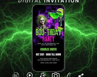 Digitale Halloween Boo-thday Party Einladung Vorlage, animierte Halloween Geburtstagsparty Video einladen, bearbeitbare gruselige Neon Bday Bash Evite