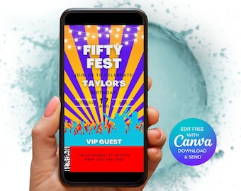 FIFTY FEST 50th Birthday Party Festival Invitation, Music Festival Themed Editable Phone Invite, Digital Invitation, Instant Download Evite