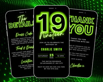 Animated 19th Birthday Invitation, 19th Digital Invite for Boy, 19 yr old Bday Video Invitation, Neon Invite Template, Mobile Phone Evite