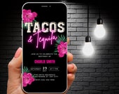 Tacos & Tequila Invitation, Animated Birthday Invite, Pink Tropical Party Evite, Birthday BBQ Mobile Phone Invite, Editable Canva Template