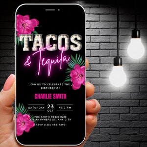 Tacos & Tequila Invitation, Animated Birthday Invite, Pink Tropical Party Evite, Birthday BBQ Mobile Phone Invite, Editable Canva Template