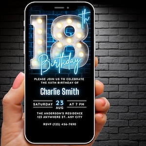 Modèle d’invitation du 18e anniversaire à télécharger pour les garçons, invitation du 18e anniversaire, Fun Retro 18 th Party Digital Evite Modern Ecard Editable Invite