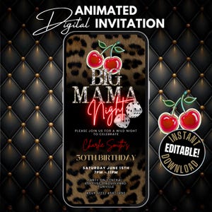 Big Mama Cheetah Print & Cherry Girls Night Birthday Dinner and Drinks Invitation Template, Animated Red and Gold Invite Leopard Print Flyer