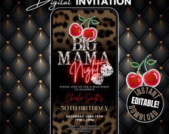 Big Mama Cheetah Print & Cherry Girls Night verjaardagsdiner en drankjes uitnodigingssjabloon, geanimeerde rode en gouden uitnodiging luipaardprint flyer