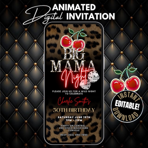Big Mama Cheetah Print & Cherry Girls Night Birthday Dinner and Drinks Invitation Template, Animated Red and Gold Invite Leopard Print Flyer
