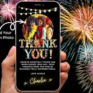 Cartão de agradecimento com foto digital, modelo de cartão eletrônico de agradecimento editável, cartão de agradecimento divertido de aniversário com foto, nota de cartão eletrônico virtual para telefone de texto