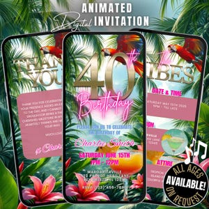 Puede incluir: Una invitación digital para una fiesta de cumpleaños número 40 con temática tropical. La invitación presenta un número 40 dorado, un loro, palmeras y un cóctel. El texto de la invitación dice "Invitación digital animada", "40 cumpleaños", "Por favor, únase a nosotros para celebrar el cumpleaños de Charlie Smith", "Sábado 15 de junio 13:00 - 12:00", "Margaritaville 123 Parrot Head Lane Key Breezi FL 12345", "RSVP (123) 456-7890", "Todas las edades disponibles a petición".