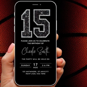 15e anniversaire Invitation numérique inviter 15 ans anniversaire téléphone inviter modèle, Black Silver Glitter Varsity College Preppy Sports Evite