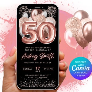 50th Birthday Digital Invitation, Electronic Rose Gold 50th Birthday Invite, Invitation Template, 50th Party Invite, Instant Download, Canva