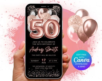 50th Birthday Digital Invitation, Electronic Rose Gold 50th Birthday Invite, Invitation Template, 50th Party Invite, Instant Download, Canva