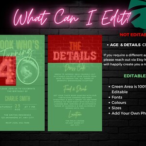 May include: Editable 40th birthday party invitation template with a green and red brick background. The invitation features a neon sign with the number 40 and the text "Look Who's Turning 40". The invitation also includes a section for the party details, such as the date, time, and location. The text "What Can I Edit?" is written in pink neon letters at the top of the image.