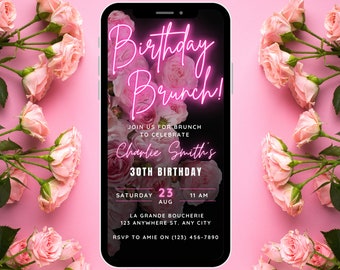Digital Neon Pink Floral Birthday Brunch Invitation for women, Birthday Brunch Invite Editable Template, Instant Download, Evite Phone Text