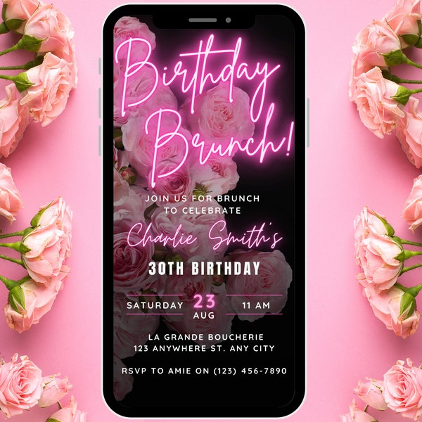 Digital Neon Pink Floral Birthday Brunch Invitation for women, Birthday Brunch Invite Editable Template, Instant Download, Evite Phone Text